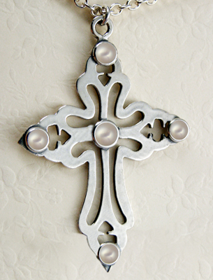 Sterling Silver Large Cross Pendant Necklace With Cultured Freshwater Pearl